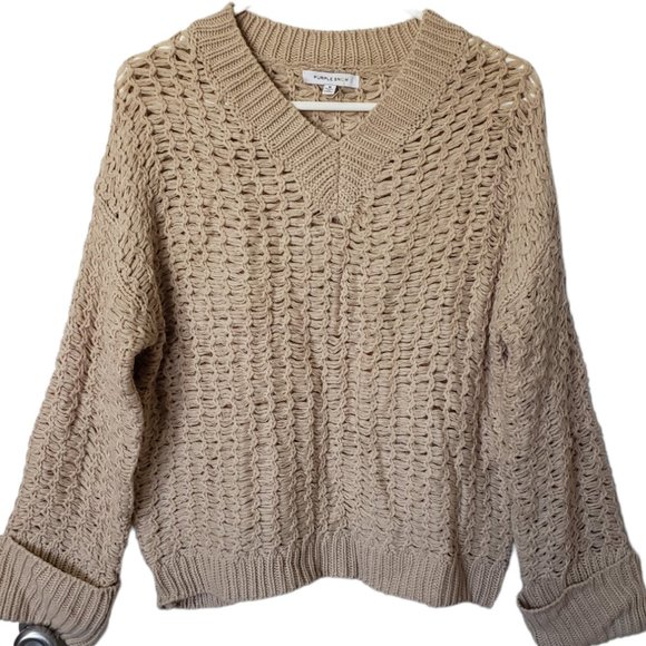 Purple Snow M Open Weave Knit Sweater Long Sleeve V Neck Beige - Picture 1 of 7